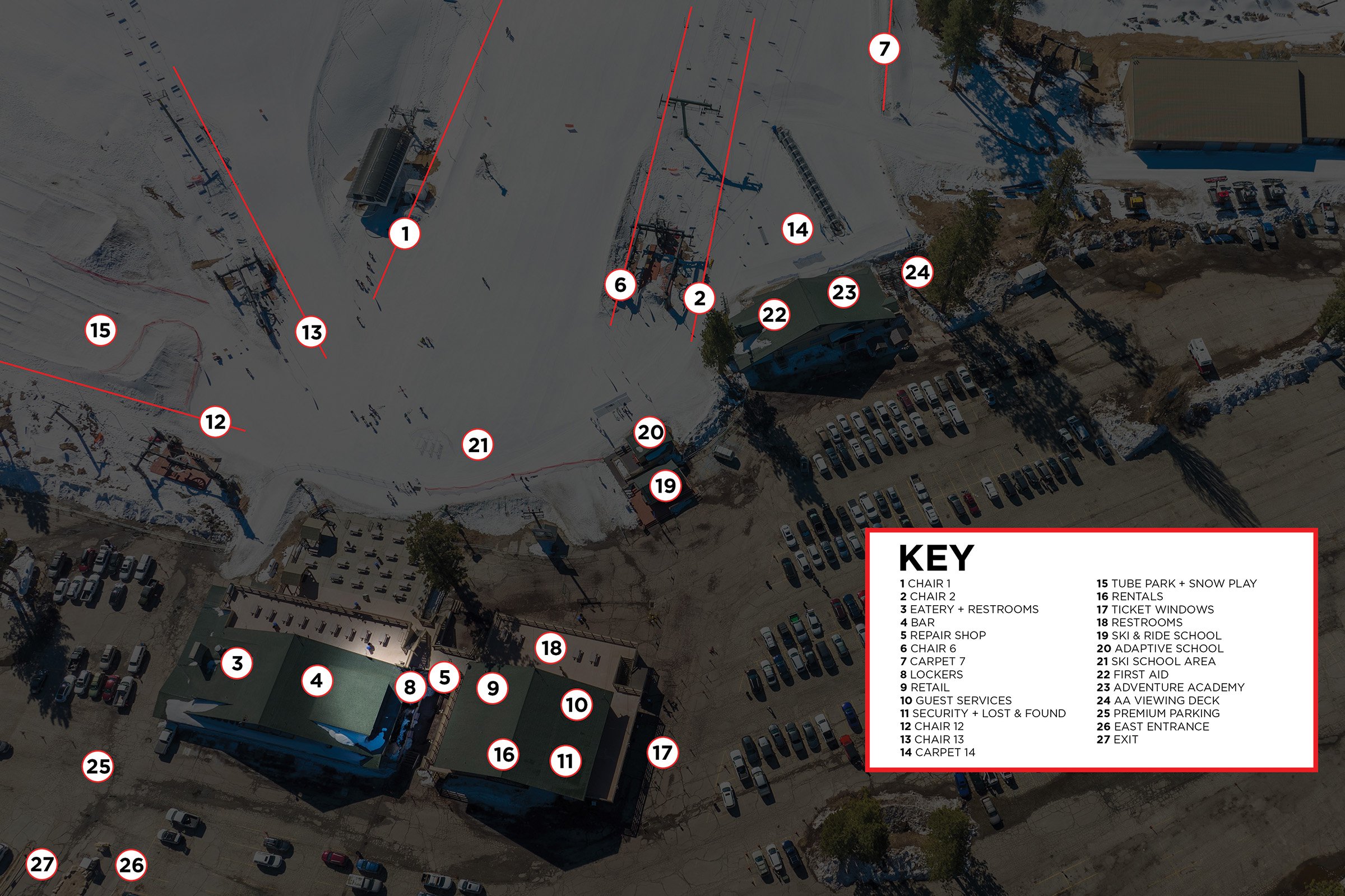 Snow Valley base area drone view in winter with legend